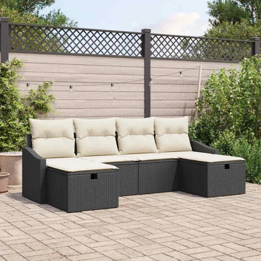 Conjunto de Sofá de Jardín Con Cojín   Negro Poliratán (6 pcs)