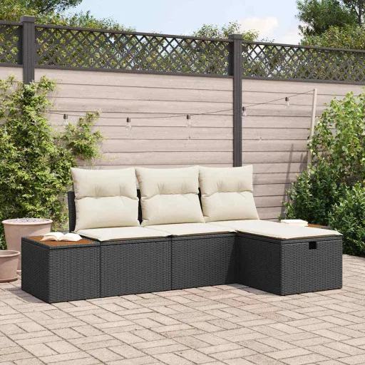 Conjunto de Sofá de Jardín Con Cojín   Negro Poliratán (4 pcs)