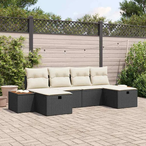 Conjunto de Sofá de Jardín Con Cojín   Negro Poliratán (6 pcs)