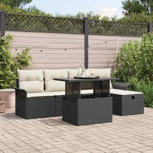 Conjunto de Sofá de Jardín Con Cojín   Negro Poliratán (6 pcs)