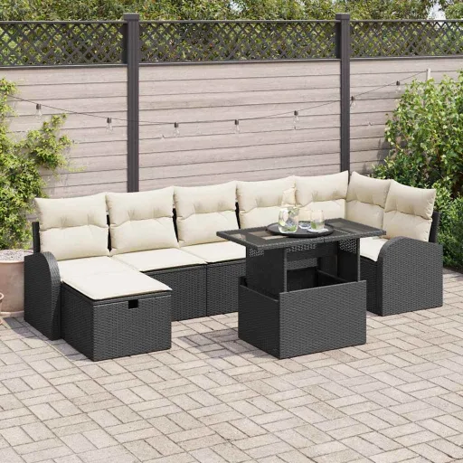 Conjunto de Sofá de Jardín Con Cojín   Negro Poliratán (8 pcs)