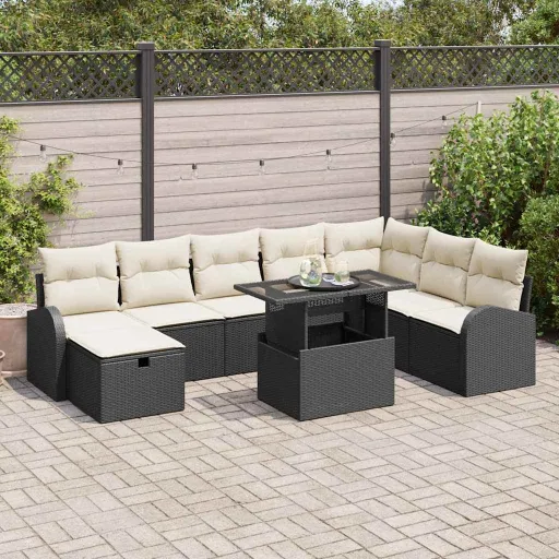 Conjunto de Sofá de Jardín Con Cojín   Negro Poliratán (9 pcs)