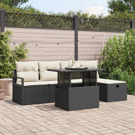 Conjunto de Sofá de Jardín Con Cojín   Negro Poliratán (6 pcs)
