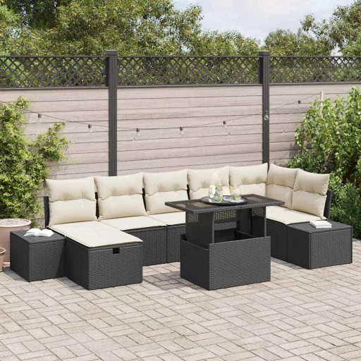 Conjunto de Sofá de Jardín Con Cojín   Negro Poliratán (8 pcs)