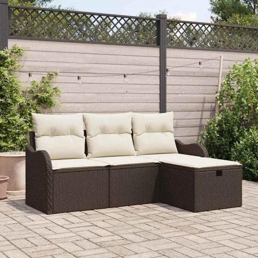 Conjunto de Sofá de Jardín Con Cojín   Marrón Poliratán (4 pcs)