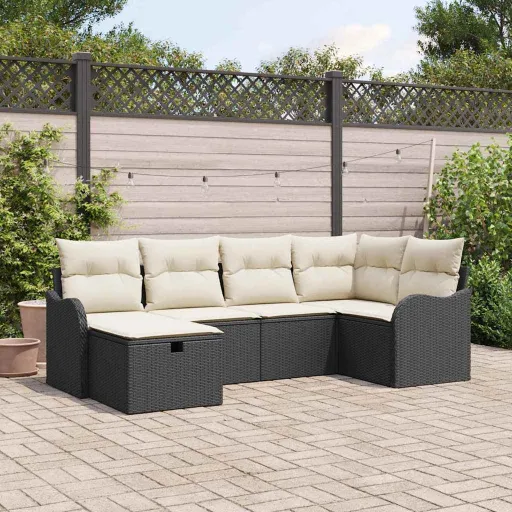 Conjunto de Sofá de Jardín Con Cojín   Negro Poliratán (6 pcs)