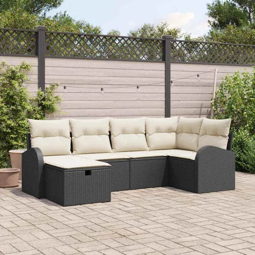Conjunto de Sofá de Jardín Con Cojín   Negro Poliratán (6 pcs)