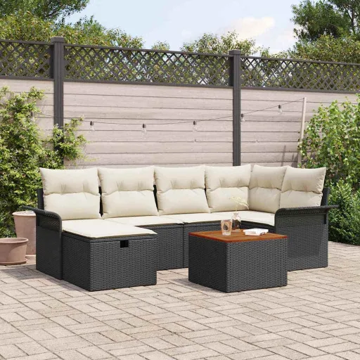 Conjunto de Sofás de Jardín Con Cojín   Negro Poliratán (7 pcs)