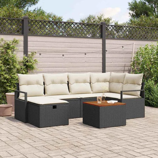 Conjunto de Sofá de Jardín Con Cojín   Negro Poliratán (7 pcs)