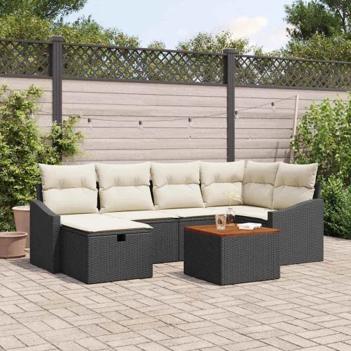 Conjunto de Sofás de Jardín Con Cojín   Negro Poliratán (7 pcs)