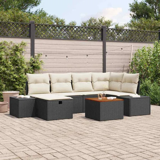 Conjunto de Sofás de Jardín Con Cojín   Negro Poliratán (7 pcs)