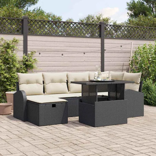 Conjunto de Sofá de Jardín Con Cojín   Negro Poliratán (7 pcs)