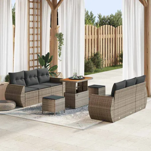Conjunto de Sofá de Jardín   Gris Ratán Sintético (9 pcs)