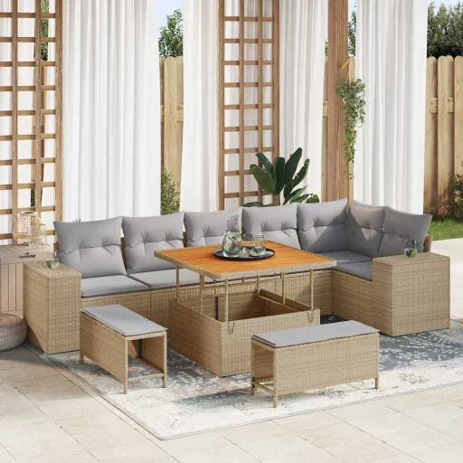 Conjunto de Sofá de Jardín   Beige Ratán Sintético (9 pcs)