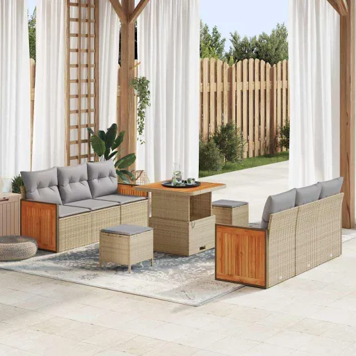 Conjunto de Sofás de Jardín Con Cojín   Beige y Gris Claro (9 pcs)