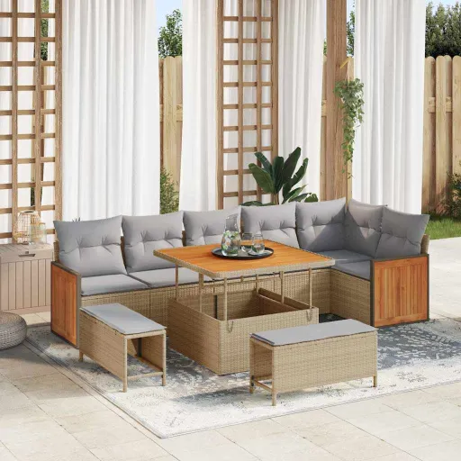 Conjunto de Sofás de Jardín Con Cojín   Beige y Gris Claro (9 pcs)