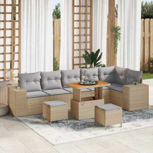 Conjunto de Sofá de Jardín Con Cojín   Beige y Gris Claro (9 pcs)