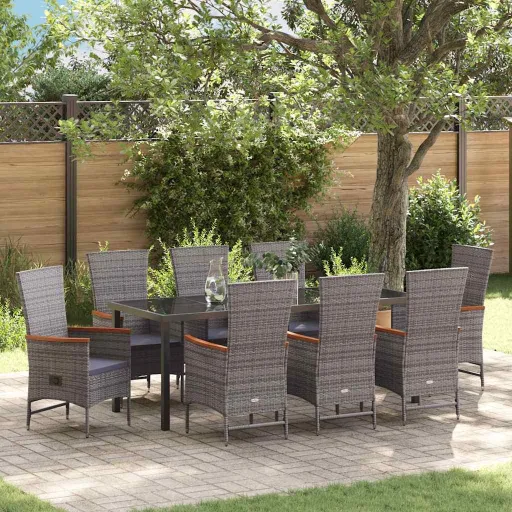 Conjunto de Comedor de Jardín Con Cojín   Gris (9 pcs)