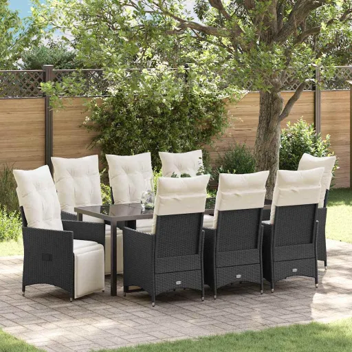 Conjunto de Comedor de Jardín Con Cojín   Negro Poliratán (9 pcs)