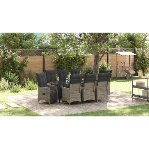 Conjunto de Comedor de Jardín Con Cojín   Gris Poliratán (9 pcs)