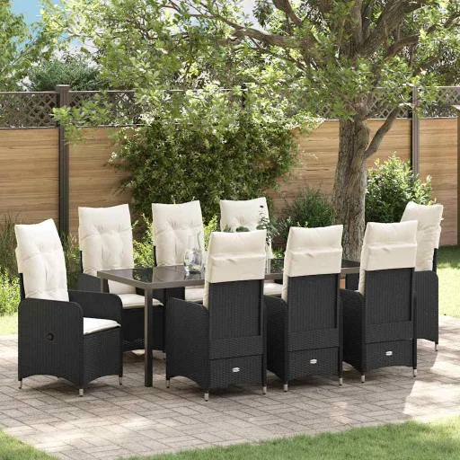Conjunto de Comedor de Jardín Con Cojín   Negro Poliratán (9 pcs)