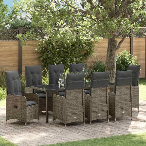 Conjunto de Comedor de Jardín Con Cojín   Gris Poliratán (9 pcs)