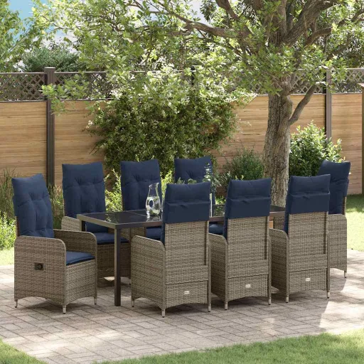 Conjunto de Comedor de Jardín Con Cojín   Negro Poliratán (9 pcs)