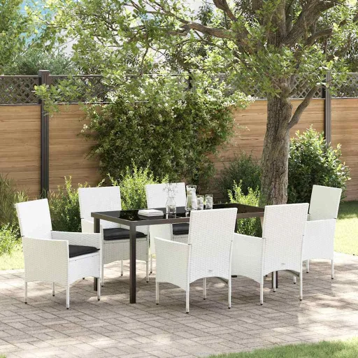 Conjunto de Comedor de Jardín Con Cojín   Blanco Poliratán (7 pcs)