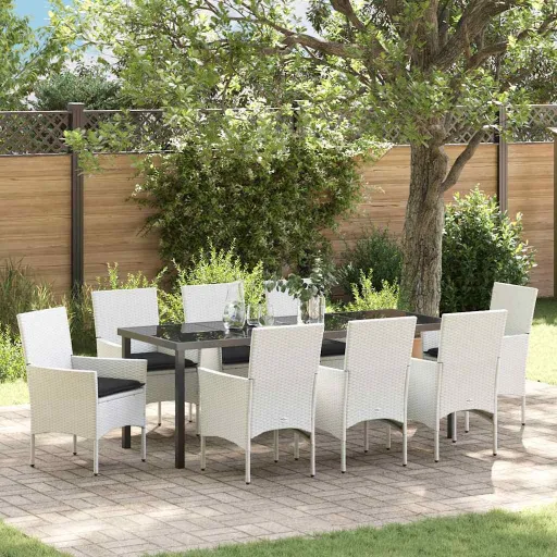 Conjunto de Comedor de Jardín Con Cojín   Blanco Poliratán (9 pcs)