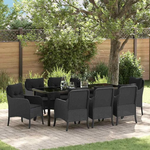 Conjunto de Comedor de Jardín Con Cojín   Negro Poliratán (9 pcs)