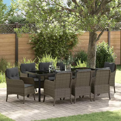 Conjunto de Comedor de Jardín Con Cojín   Gris Poliratán (9 pcs)