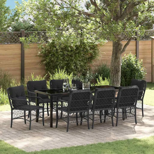 Conjunto de Comedor de Jardín Con Cojín   Negro Poliratán (9 pcs)