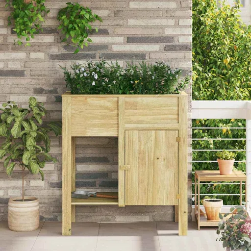 Macetero Alto Con Estante Marrón Madera de Pino Impregnada
