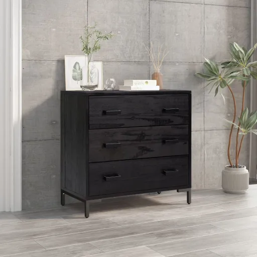 Cómoda de Madera Maciza de Pino Negro 75x35x70 cm