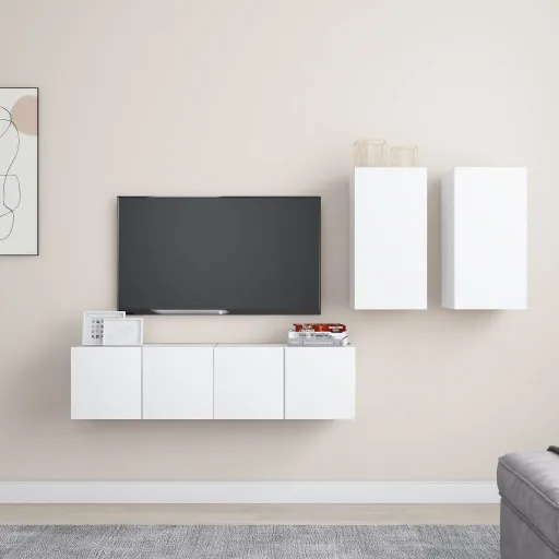 Set de Muebles de Salón TV 4 Piezas Madera de Ingeniería Blanco