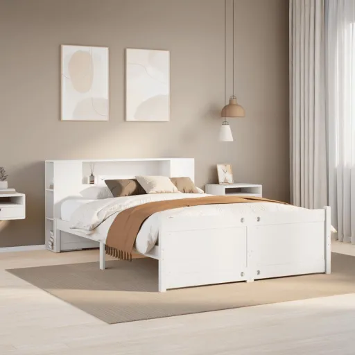 Cama Con Estantería Sin Colchón Madera Maciza Blanca 120x190 cm