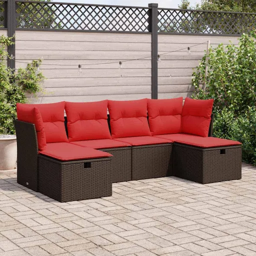 Set Sofás de Jardín 6 Piezas y Cojines Ratán Sintético Marrón