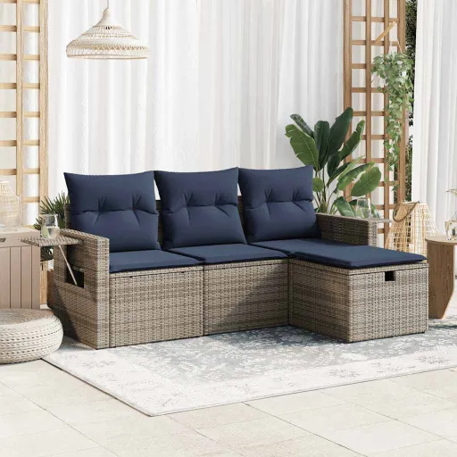 Set de Sofás de Jardín 4 Pzas y Cojines Ratán Sintético Gris