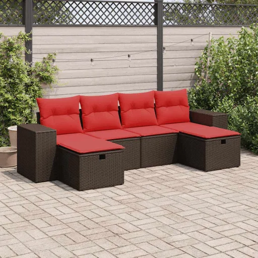 Set Sofás de Jardín 6 Piezas y Cojines Ratán Sintético Marrón