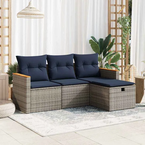 Set de Sofás de Jardín 4 Pzas y Cojines Ratán Sintético Gris