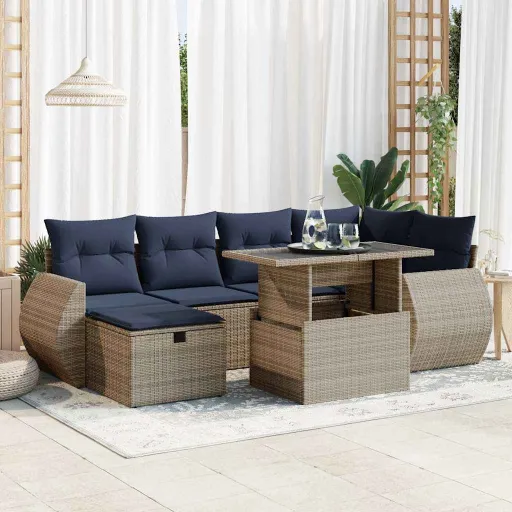 Juego Sofá Jardín 7 Piezas Con Cojines Gris Poli Ratán Acacia