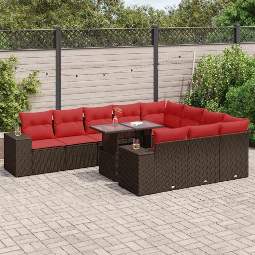 Set de Sofás de Jardín 11 Pzas Cojines Ratán Sintético Marrón