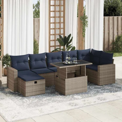Juego Sofá Jardín 8 Piezas Con Cojines Gris Poli Ratán Acacia