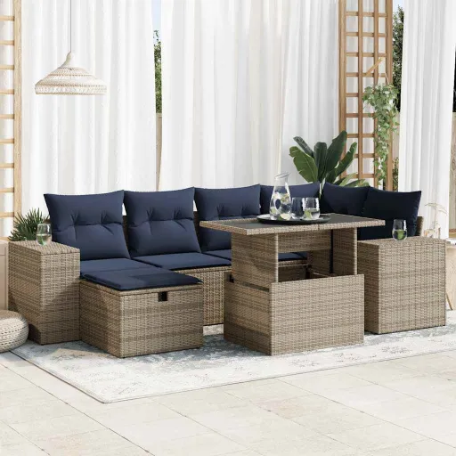 Juego Sofá Jardín 7 Piezas Con Cojines Marrón Poli Ratán Acacia