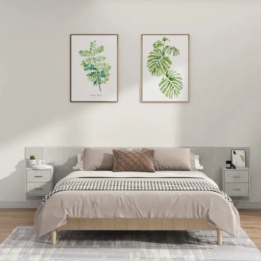 Cabecero de Cama y Mesitas Madera Contrachapada Gris Hormigón