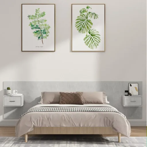 Cabecero de Cama y Mesitas Madera Contrachapada Gris Hormigón
