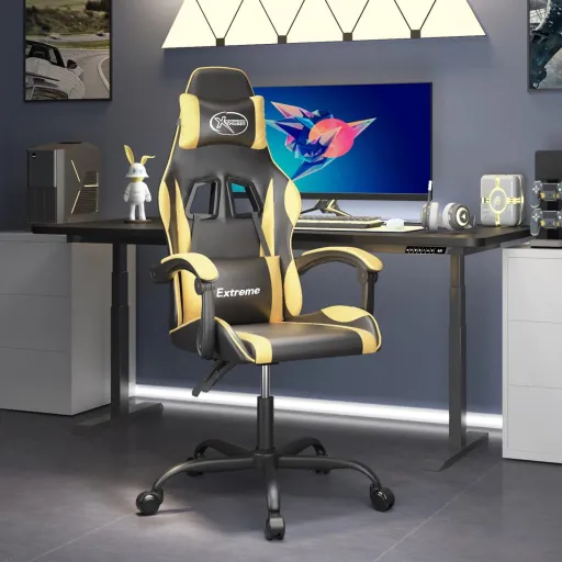 Silla Gaming Cuero Sintético Negro y Dorado