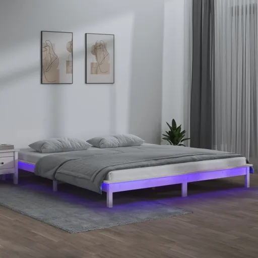 Estructura de Cama Con LED Madera Maciza Blanca 180x200 cm