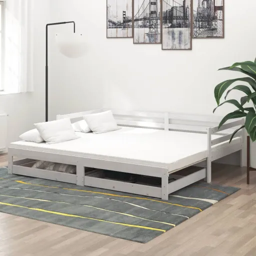 Sofá Cama Extraíble Madera Maciza de Pino Blanco 2x(90x200) cm