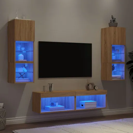 Muebles TV Pared Con LED 6 Pzas Madera Ingeniería Roble Sonoma